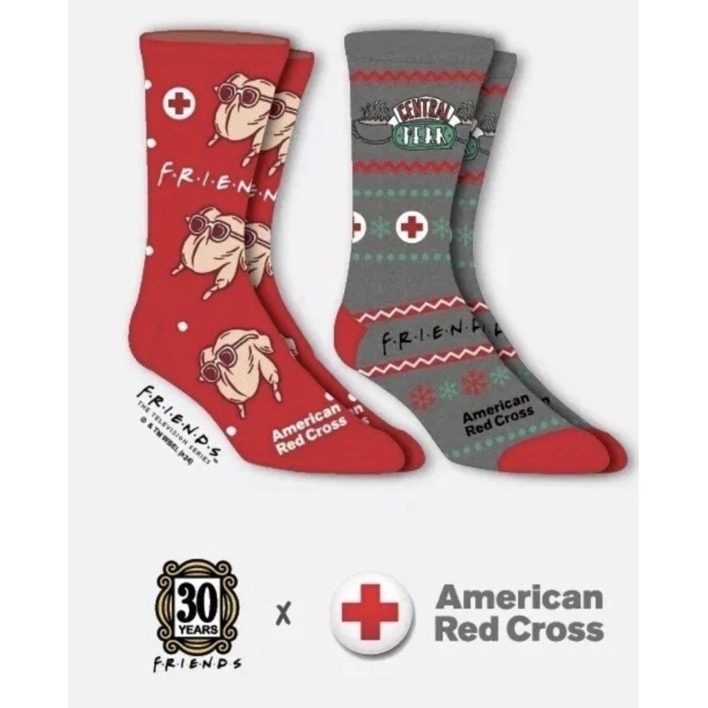 Bioworld Friends American Red Cross Christmas Holiday Crew Socks Red 2 Pair Lot